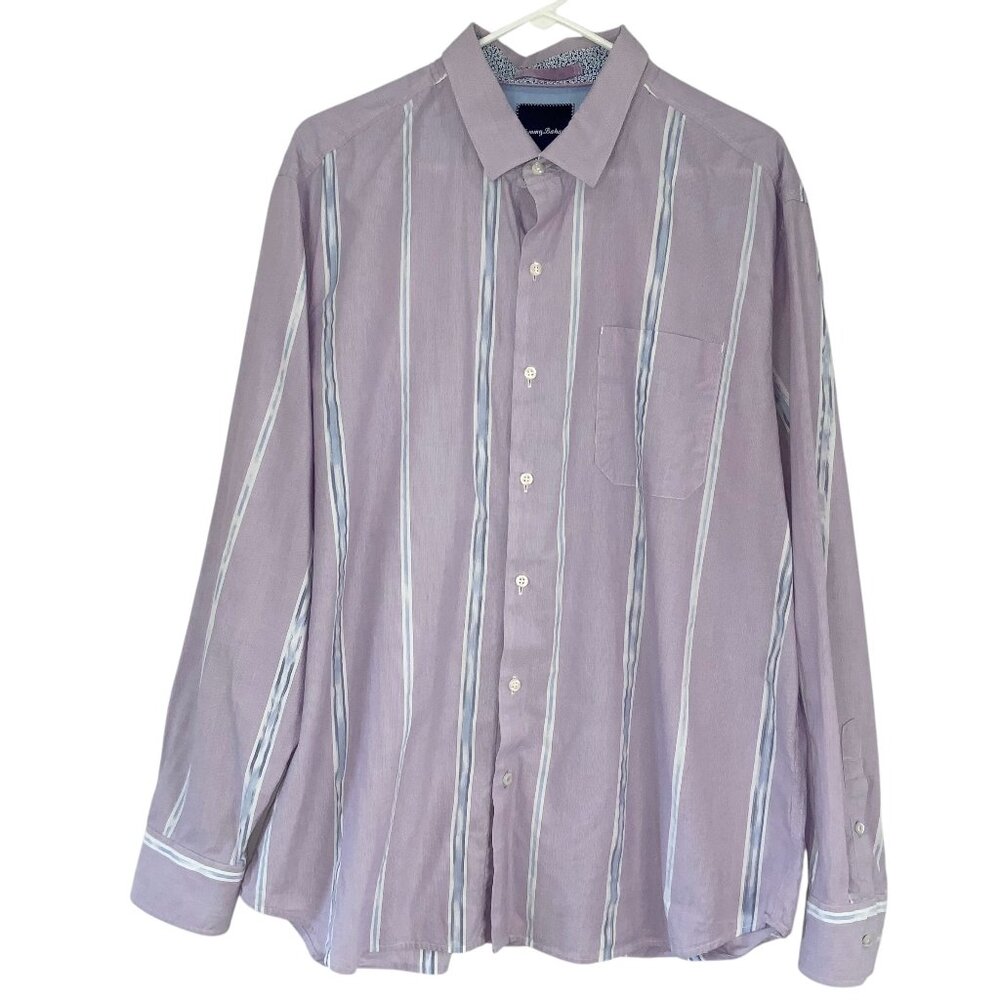 Tommy Bahama Island Zone Purple Striped Button Shirt XL Collared Long Sleeve